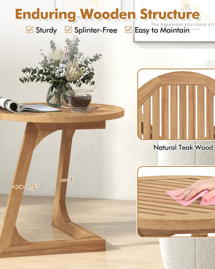 Giantex Teak Wood Outdoor Round Side Table with Slatted Tabletop