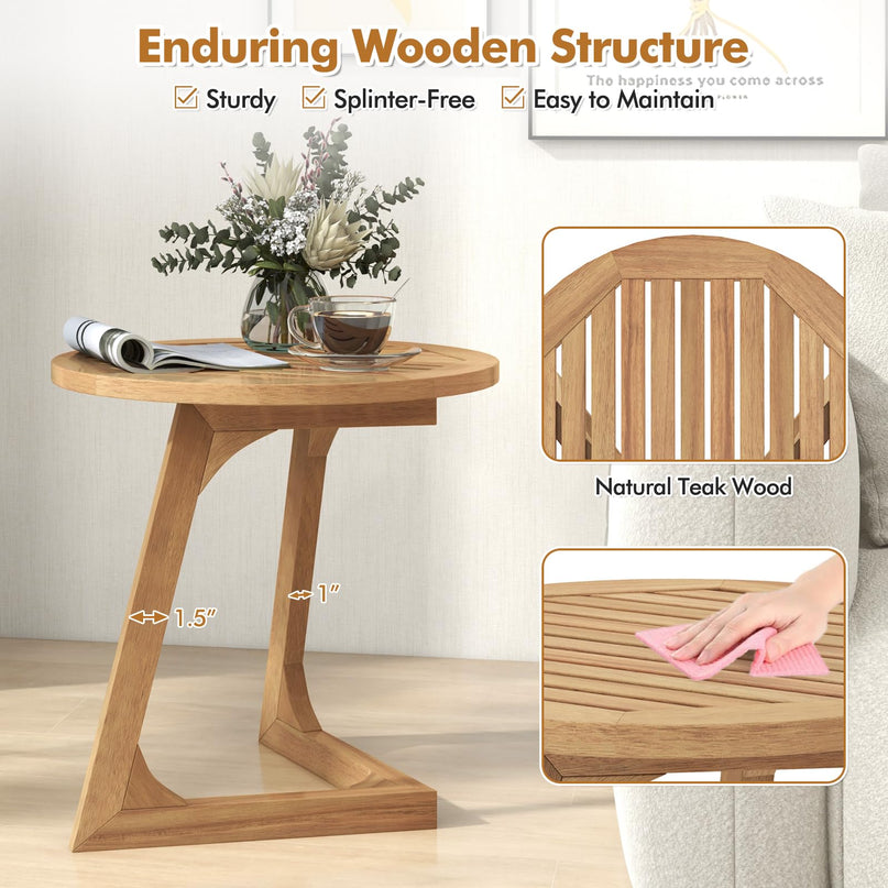 Giantex Teak Wood Outdoor Round Side Table with Slatted Tabletop