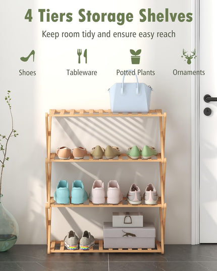 Giantex Bamboo Plant Stand Indoor, 4-Tier Folding Planter Shelf, Foldable Display Rack w/ Slatted Shelves, No Assembly