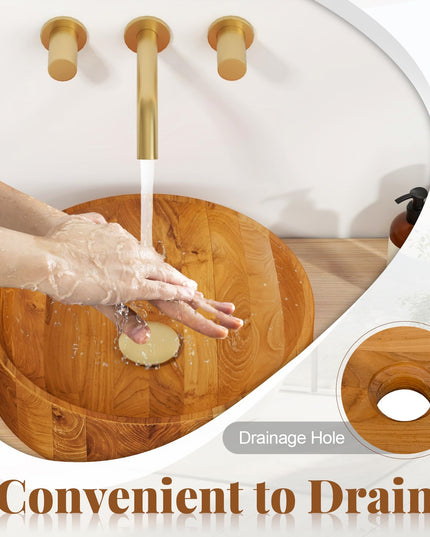 Giantex Teak Wood Vessel Sink - Bathroom Washbasin with Smooth Finish, 2.5” Drain Hole for 1 5/8" Drainage (16” x 16” x 4”)