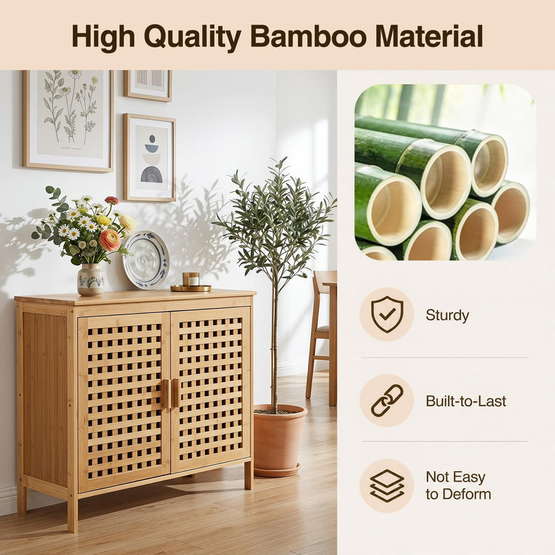 Giantex Freestanding Bamboo Bathroom Storage Cabinet with 2 Doors