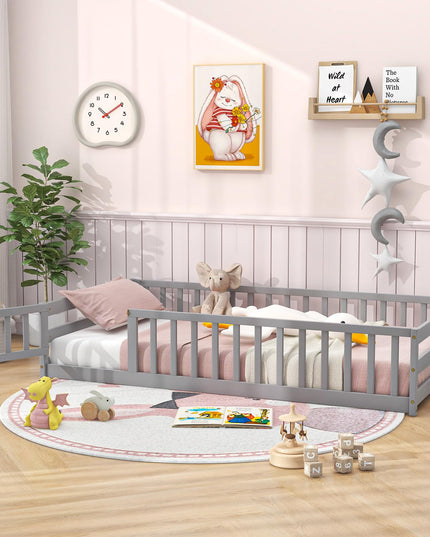 Giantex Twin Floor Bed with Door & Fence, Kids Wood Montessori Bed with Safety Guardrails