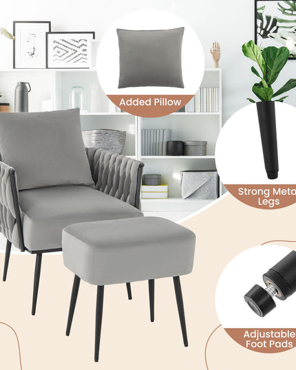 Giantex Velvet Accent Chair with Ottoman, Modern Comfy Arm Chair w/Solid Metal Frame, Pillow