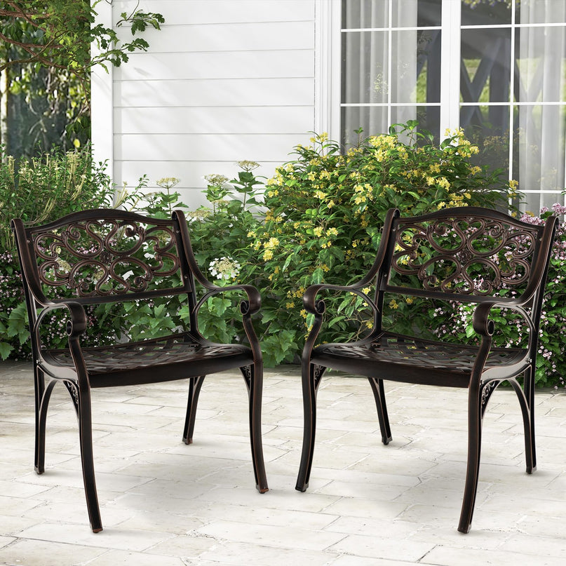 Giantex Cast Aluminum Patio Chairs Set of 2, All Weather Outdoor Dining Chairs w/Armrests and Curved Seats