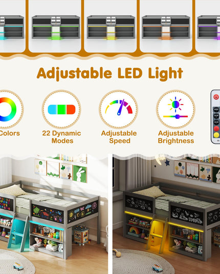 Giantex Low Loft Bed with LED Lights Wooden Twin Size Loft Bed（Twin with Light）