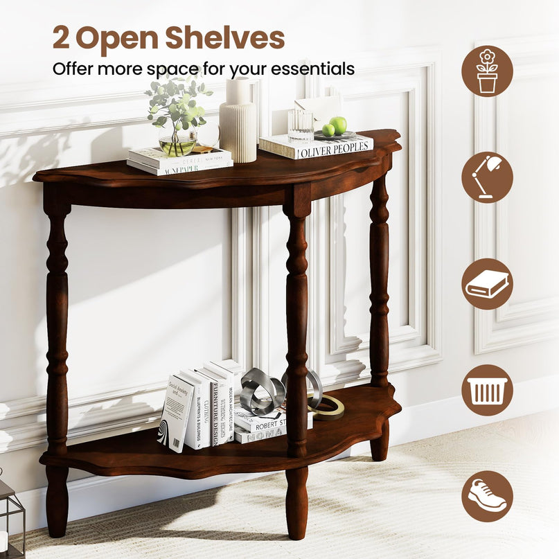 Giantex 42" Half Moon Console Table with Storage Shelf & Carved Rubber Wood Legs