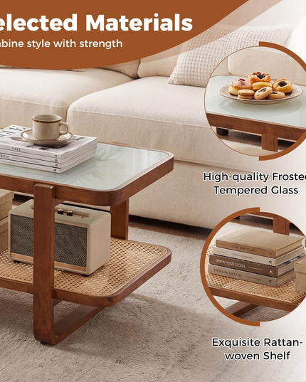 Giantex Rattan Coffee Table with Tempered Glass Top and Storage Shelf