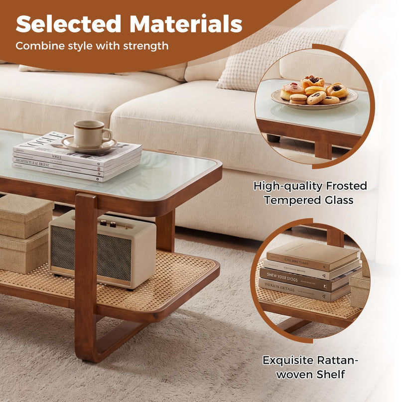 Giantex Rattan Coffee Table with Tempered Glass Top and Storage Shelf