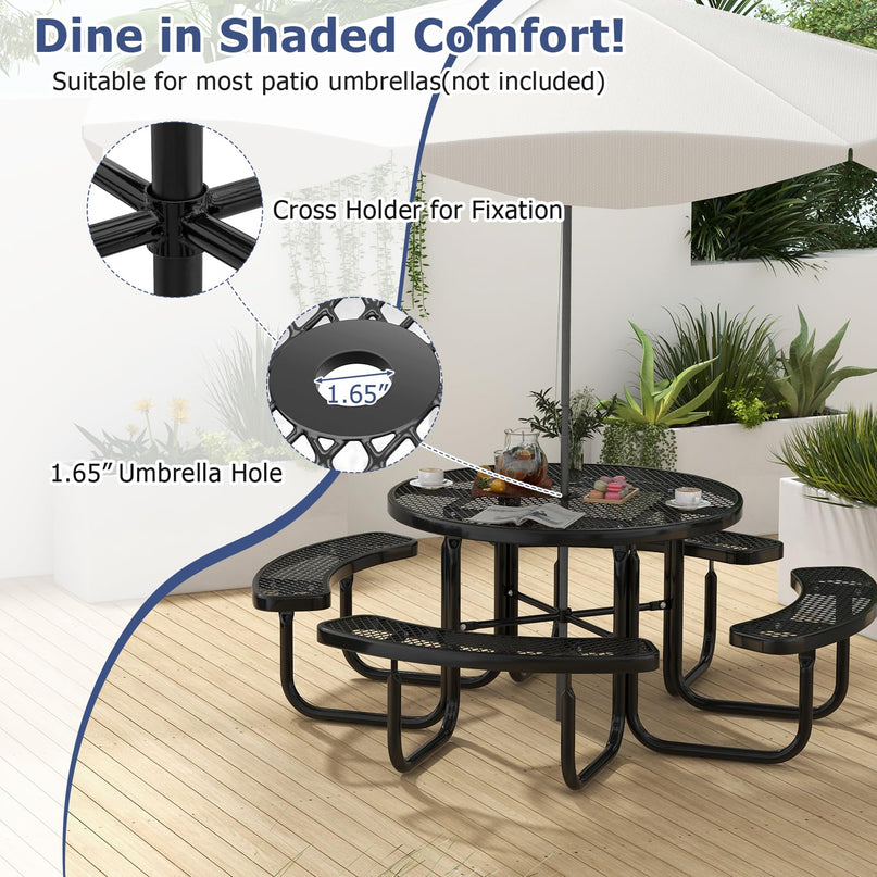 Giantex Round Picnic Table Set for 8 Persons, 45 Inch Outdoor Table and Bench Set with Umbrella Hole