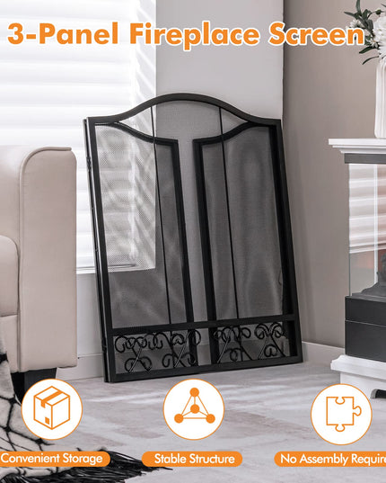 Giantex 3-Panel Folding Fireplace Screen Black - 50 x 31 Inch No Assembly Required Decorative Freestanding Steel Mesh Fire Screen