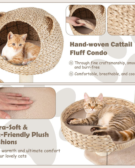 Giantex Wooden Cat Tree, 48 inches Cat Tower with Cattail Condo, Cat Bed, Hammock, Rotatable Jingling Balls