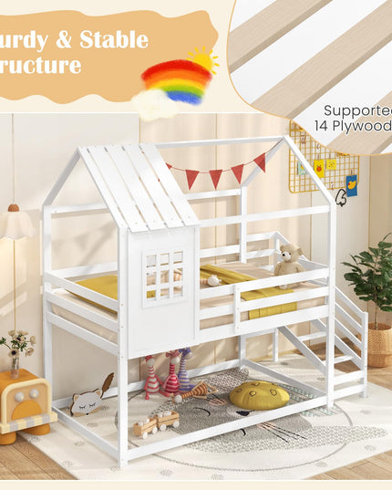 Giantex Twin Bunk Beds with Stairs, Floor House Bed with Roof & Window