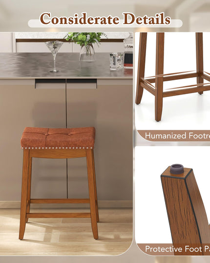Giantex Bar Stools Set, 25" Counter Height Bar Stools w/Saddle Seat, Footrest, Rivet, Button Tufted, Rubber Wood Frame