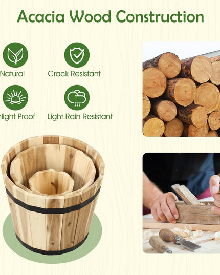 Giantex Set of 3 Barrel Planters Outdoor Acacia Wood Raised Garden Bed