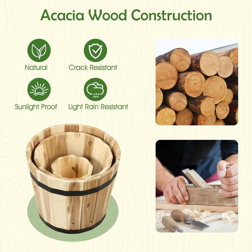 Giantex Set of 3 Barrel Planters Outdoor Acacia Wood Raised Garden Bed