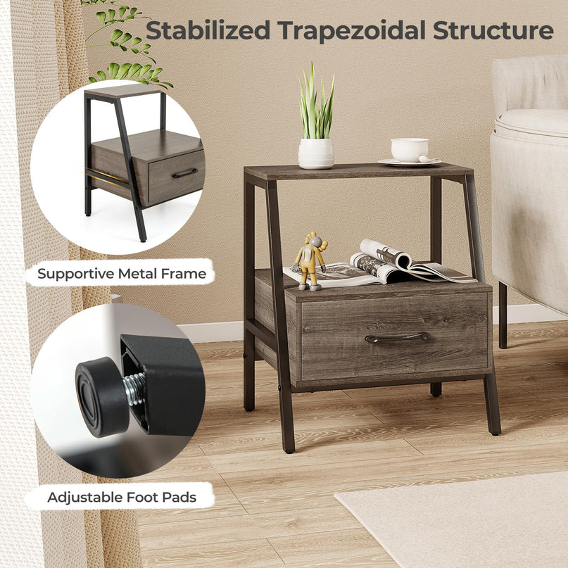 Giantex 3-Tier Farmhouse Nightstand with Drawer and Open Shelf