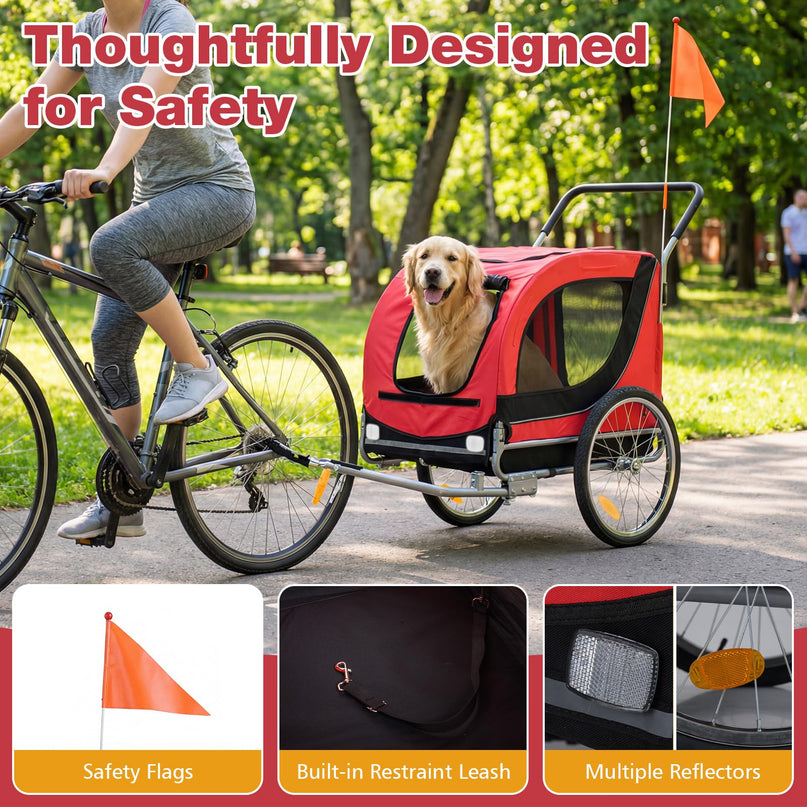 Giantex 2-in-1 Dog Bike Trailer & Pet Stroller for Large Dogs – Foldable Pet Carrier Cart with Front Caster & 2 Air-Filled Tires