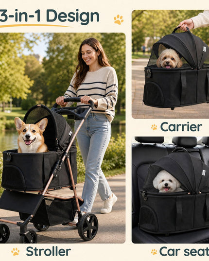 GIANTEX 3-in-1 Pet Stroller for Small Dogs & Cats with Detachable Carrier