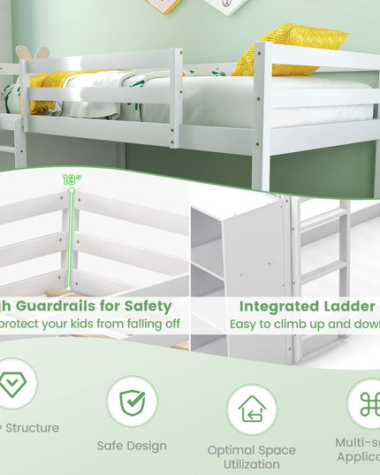 Giantex Twin Over Twin Bunk Bed with Storage Shelves, Solid Wood Bunk Bed Frame with Convertible Bookcase & Ladder, White