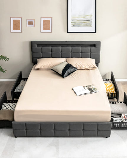 Giantex Queen Bed Frame with LED Lights and 4 Drawers, Upholstered Platform Bed Frame with USB Ports