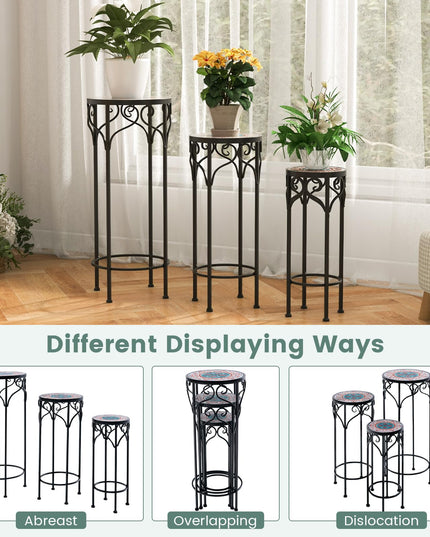 Giantex Metal Plant Stand Set of 3, 28" Mosaic Tall Flower Stand with Ceramic Top