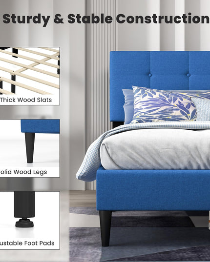 Giantex Platform Bed Frame with Button Tufted Headboard and Wooden Slats