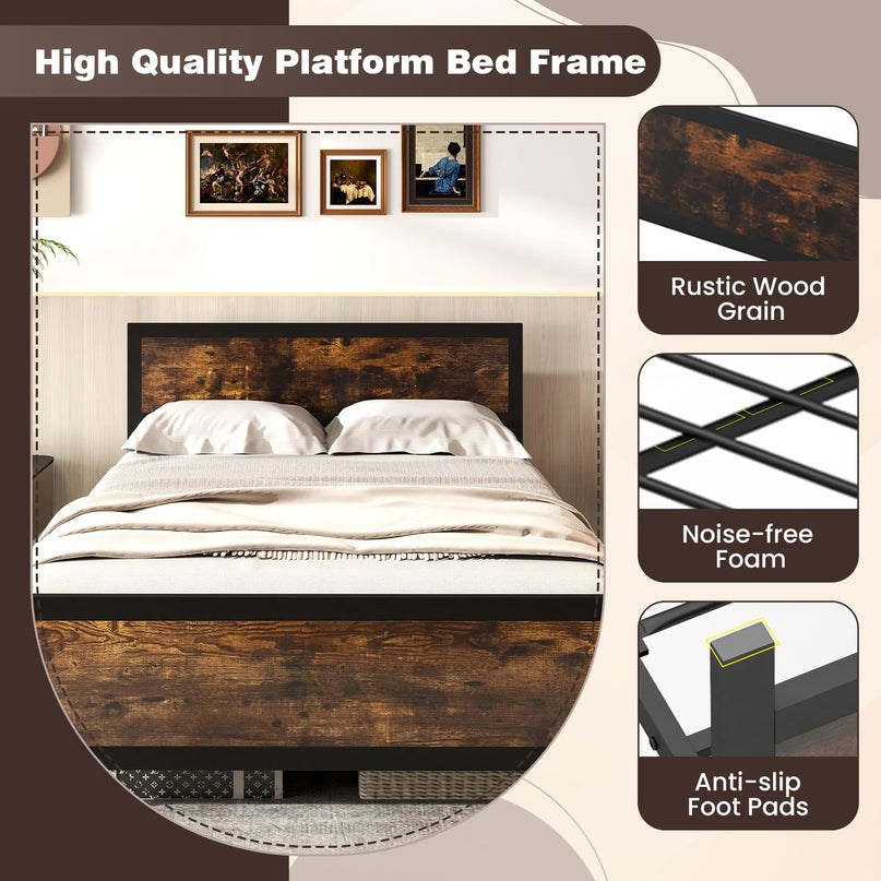 Giantex Metal Platform Bed Frame with Wood Headboard and Footboard