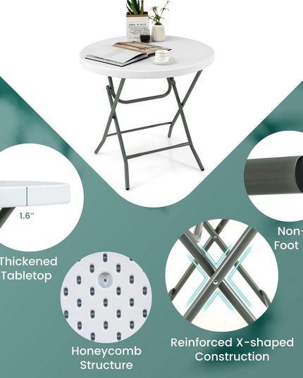 Giantex 32 Inches Round Folding Table, Portable Plastic Card Table with Thickened HDPE Tabletop and Sturdy Metal Frame, White