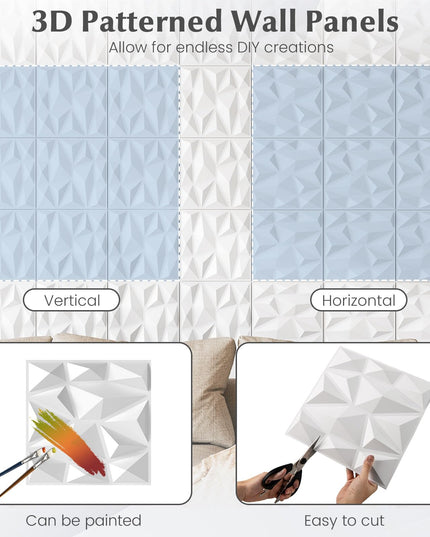 Giantex 12"x12" White PVC Decorative Wall Tiles with Diamond Pattern | 50/100 Pack 3D Wall Panels