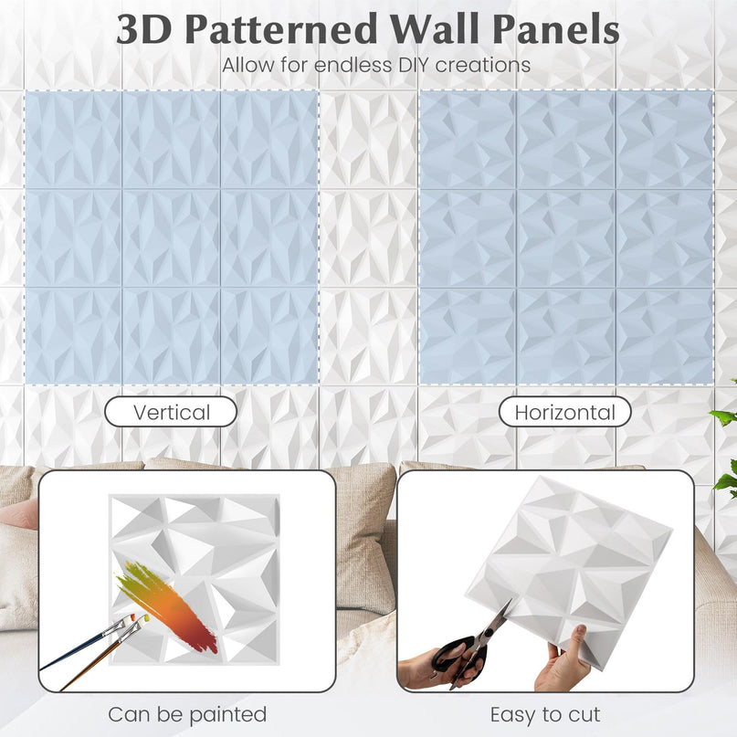 Giantex 12"x12" White PVC Decorative Wall Tiles with Diamond Pattern | 50/100 Pack 3D Wall Panels