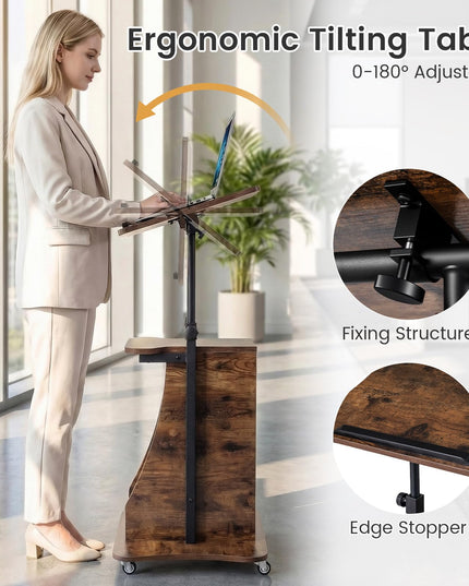 Giantex Sit-to-Stand Mobile Podium Stand Height Adjustable Rolling Lectern Desk