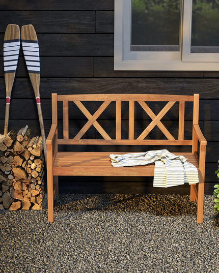 Giantex Outside Garden Bench Loveseat - 2-Person Acacia Wood Bench with Armrest