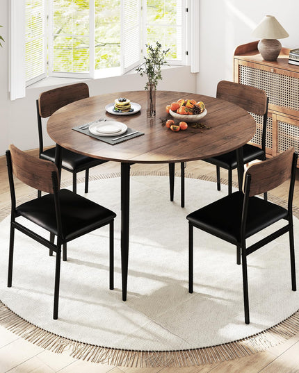 Giantex  43.5" Round Kitchen Table and 4 Upholstered Dining Chairs with Drop Leaf Tabletop