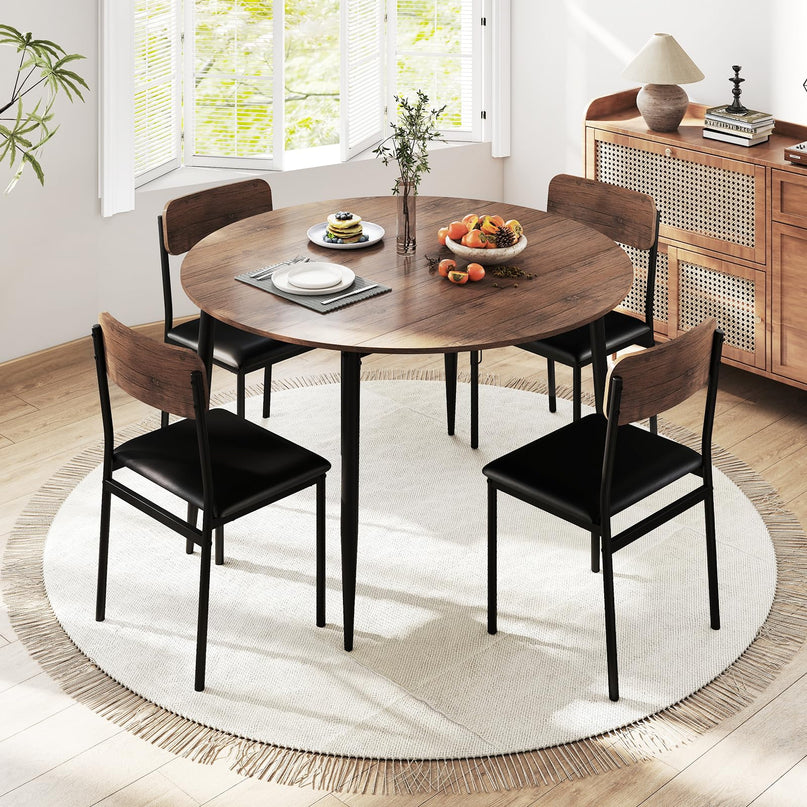 Giantex  43.5" Round Kitchen Table and 4 Upholstered Dining Chairs with Drop Leaf Tabletop