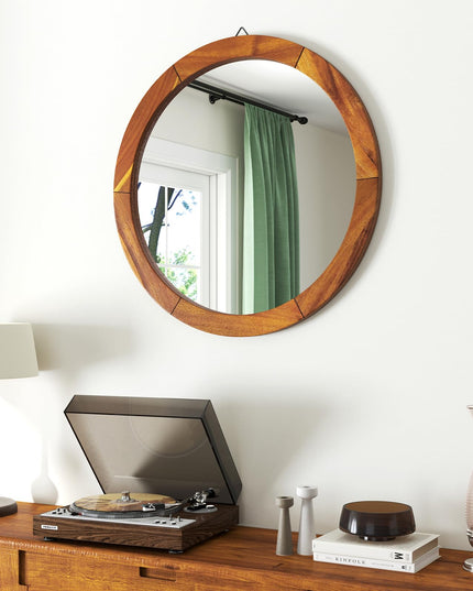 Farmhouse Wall Mirror Round Mirror with Solid Acacia Wood Frame
