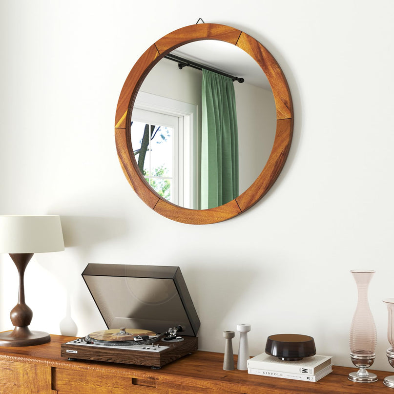 Farmhouse Wall Mirror Round Mirror with Solid Acacia Wood Frame