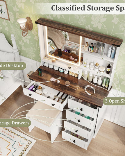 CHARMAID Vanity Desk with Mirror and Lights, Farmhouse Makeup Vanity Desk with 5 Drawers, 3 Shelves