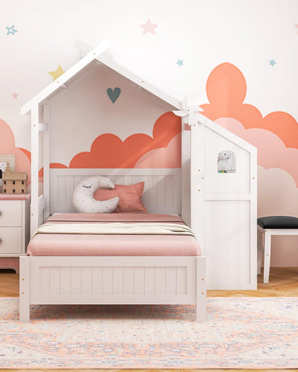 Giantex Twin House Bed with Desk & Chair, Wood Kids Playhouse Bed with 2 Drawers
