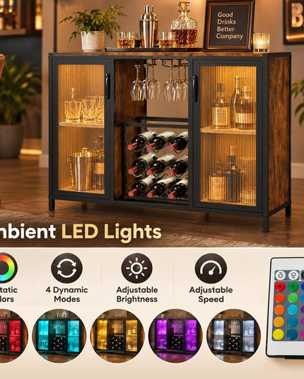 GIANTEX Modern Coffee Bar Cabinet with LED Lights & Wine Racks