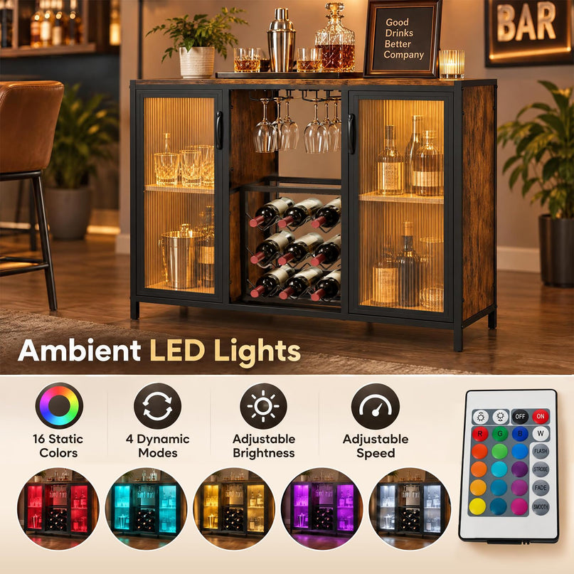 GIANTEX Modern Coffee Bar Cabinet with LED Lights & Wine Racks