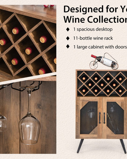 Giantex Farmhouse Buffet Cabinet with Storage, Wine Bar Cabinet 11 Bottles Rack (Brown & Black)