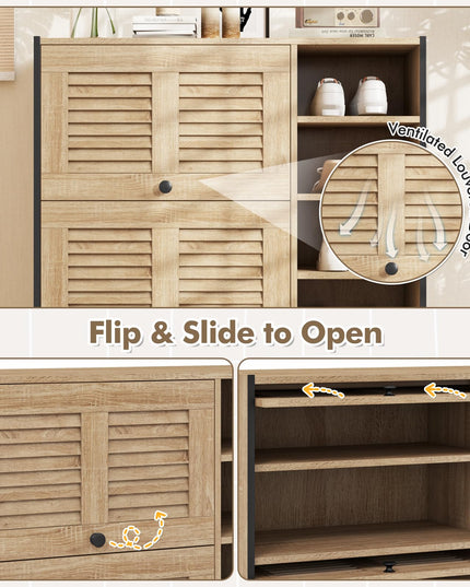 Giantex Shoe Cabinet with Flip & Slide Doors, Shoe Storage Cabinet with Adjustable Cube Shelves(Louvered Doors)