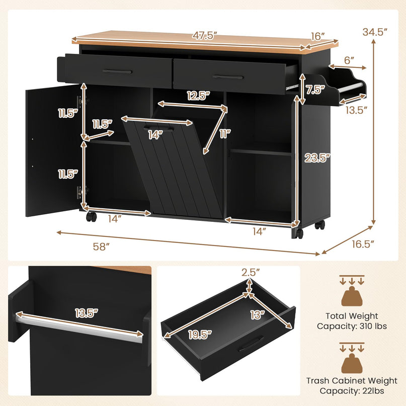 Giantex Kitchen Island w/Trash Bag Storage