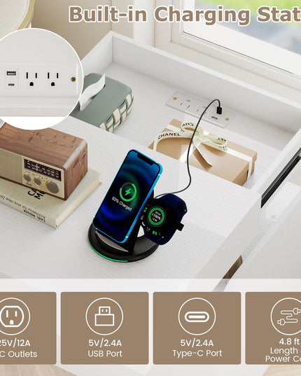 Giantex Nightstand with Charging Station Modern Bedside Table