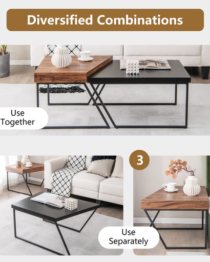 Giantex Stacking Coffee Table Set of 2, Black & Brown Modern Side Table