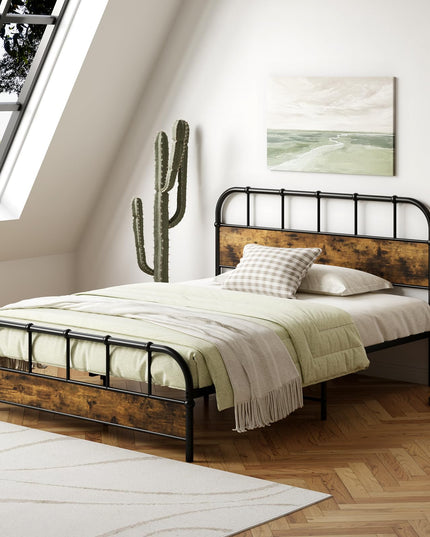 Giantex Queen Size Metal Bed Frame with Wood Headboard, Industrial Platform Bed Frame with Heavy Duty Metal Slat