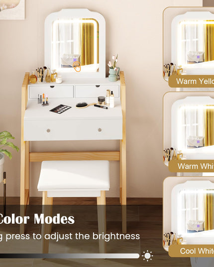Small Vanity Desk with Mirror and Lights, White Makeup Vanity Desk with 3 Drawers