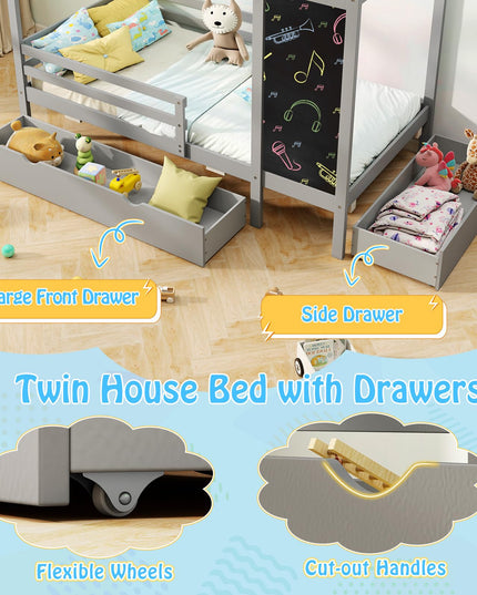 Giantex Twin Bed with 2 Storage Drawers, Solid Wood House Bed with Blackboard & Safety Guardrails