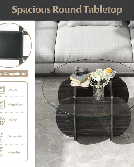 Giantex 35" Glass Round Coffee Table with Storage & Solid Wood Base
