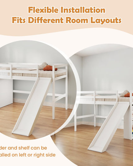 GIANTEX Twin Size Loft Bed with Slide Ladder Storage Shelves for Kids